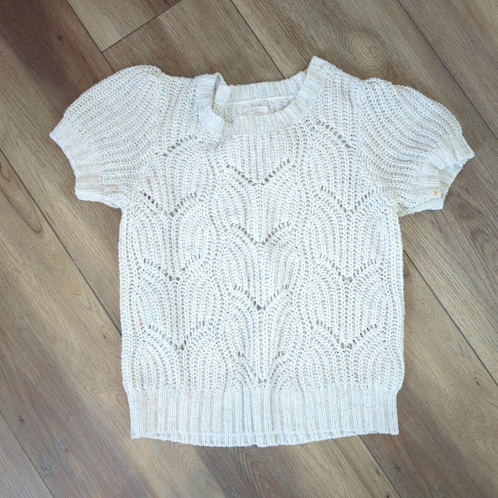 Coastal Grandma White Chunky Knit Short Sleeve Sweater Womens M Puff Sleeve